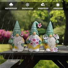 Carregar imagem no visualizador da galeria, Garden Guardians Set of Three 6&quot; Gardening Gnome Figurines, Floral Green and Yellow Statue Decor

