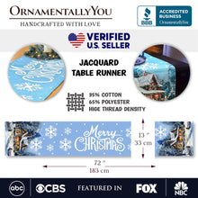 Carregar imagem no visualizador da galeria, Gracefully Artful Winter Cabin 72&quot; Table Runner, Merry Christmas Blue Rectangle Tablecloth with Snowflakes
