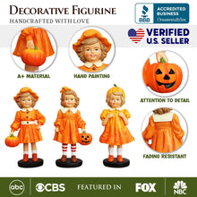 Load image into Gallery viewer, Inviting Pumpkin Girl Trio Set of Figurines, 6&quot; Victorian Autumn Fall and Halloween Table Decoration
