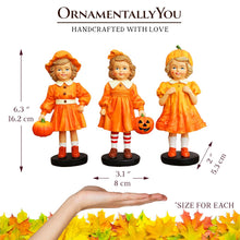 Load image into Gallery viewer, Inviting Pumpkin Girl Trio Set of Figurines, 6&quot; Victorian Autumn Fall and Halloween Table Decoration
