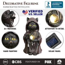 Carregar imagem no visualizador da galeria, (Pre-Order) Ominous Black Cat Wizard Figurine, 7&quot; Solar Light Gothic Yard Statue Decor
