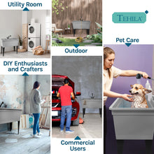 Load image into Gallery viewer, Tehila Freestanding Double-Wide Grey Utility Sink with Steel Legs &amp; Black Pull-Out Faucet, Multi-Purpose Heavy-Duty Laundry Tub and Kitchen Sink for Homes &amp; Business
