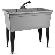 Load image into Gallery viewer, Tehila Freestanding Double-Wide Grey Utility Sink with Steel Legs &amp; Black Pull-Out Faucet, Multi-Purpose Heavy-Duty Laundry Tub and Kitchen Sink for Homes &amp; Business
