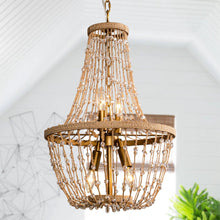 Load image into Gallery viewer, Modern Beaded Basket Weathered Wood 4-Light Chandelier
