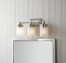Cargar imagen en el visor de la galería, Hampton Bay Cade 20.25 in. 3-Light Brushed Nickel Bathroom Vanity Light Fixture with Frosted Glass Shades
