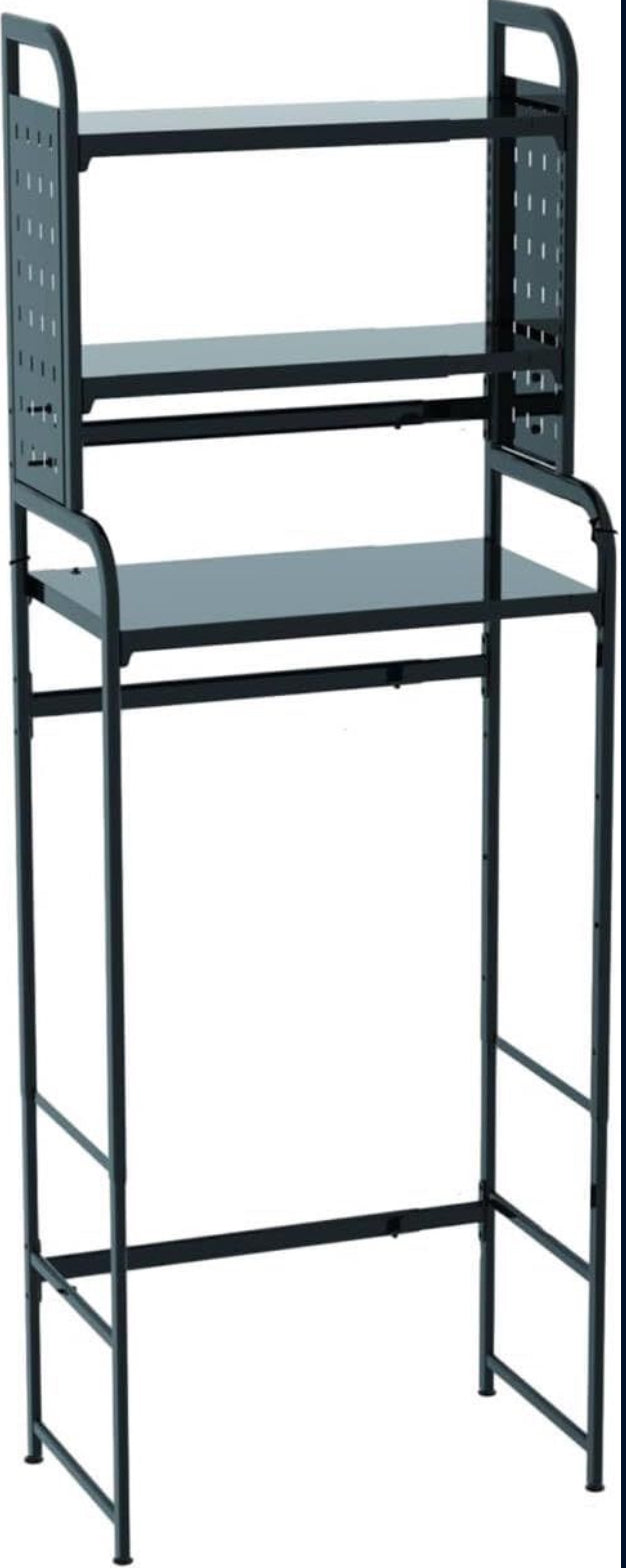 BIFCIOFH 3-Tier Expandable Over Toilet Washing Machine and Dryer Storage Rack, Height Adjustable Laundry Room Shelves, Bathroom Organization Space Saver with Pigboard and Hook (Color: Dark Grey)