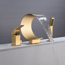 Load image into Gallery viewer, Polished Gold Bathtub Faucet Waterfall Mixer Faucet with Hand Shower Deck Mount
