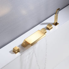 Load image into Gallery viewer, Waterfall Tub Filler Bathtub Faucet Polished Gold 5-Hole 3-Handle Solid Brass Bathroom Bath Tub Faucets Mixer Tap with Hand Shower
