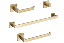 Load image into Gallery viewer, Square 4-Piece Stainless Steel Brushed Gold Bathroom Hardware Set - Towel Bar, Towel Ring, Toilet Paper Holder, Robe Hook, and Tower Holder - Wall Mounted
