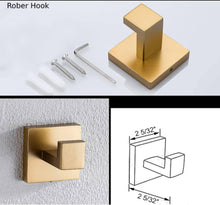 Load image into Gallery viewer, Square 4-Piece Stainless Steel Brushed Gold Bathroom Hardware Set - Towel Bar, Towel Ring, Toilet Paper Holder, Robe Hook, and Tower Holder - Wall Mounted
