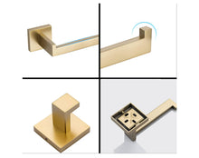 Load image into Gallery viewer, Square 4-Piece Stainless Steel Brushed Gold Bathroom Hardware Set - Towel Bar, Towel Ring, Toilet Paper Holder, Robe Hook, and Tower Holder - Wall Mounted

