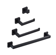Load image into Gallery viewer, Luxurious 4-Piece Stainless Square Matte Black Bathroom Hardware Set: Towel Bar, Towel Ring, Toilet Paper Holder, Robe Hook, and Tower Holder - Wall Mounted
