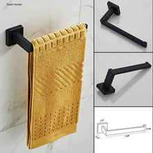 Load image into Gallery viewer, Luxurious 4-Piece Stainless Square Matte Black Bathroom Hardware Set: Towel Bar, Towel Ring, Toilet Paper Holder, Robe Hook, and Tower Holder - Wall Mounted
