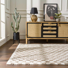 Load image into Gallery viewer, Kieu Taupe Checkered Shag Rug
