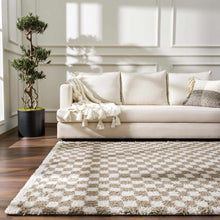 Load image into Gallery viewer, Kieu Taupe Checkered Shag Rug
