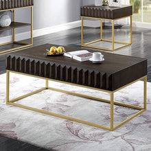 Load image into Gallery viewer, Walnut/Gold Textured Front Panels Coffee Table with Concealed Drawers
