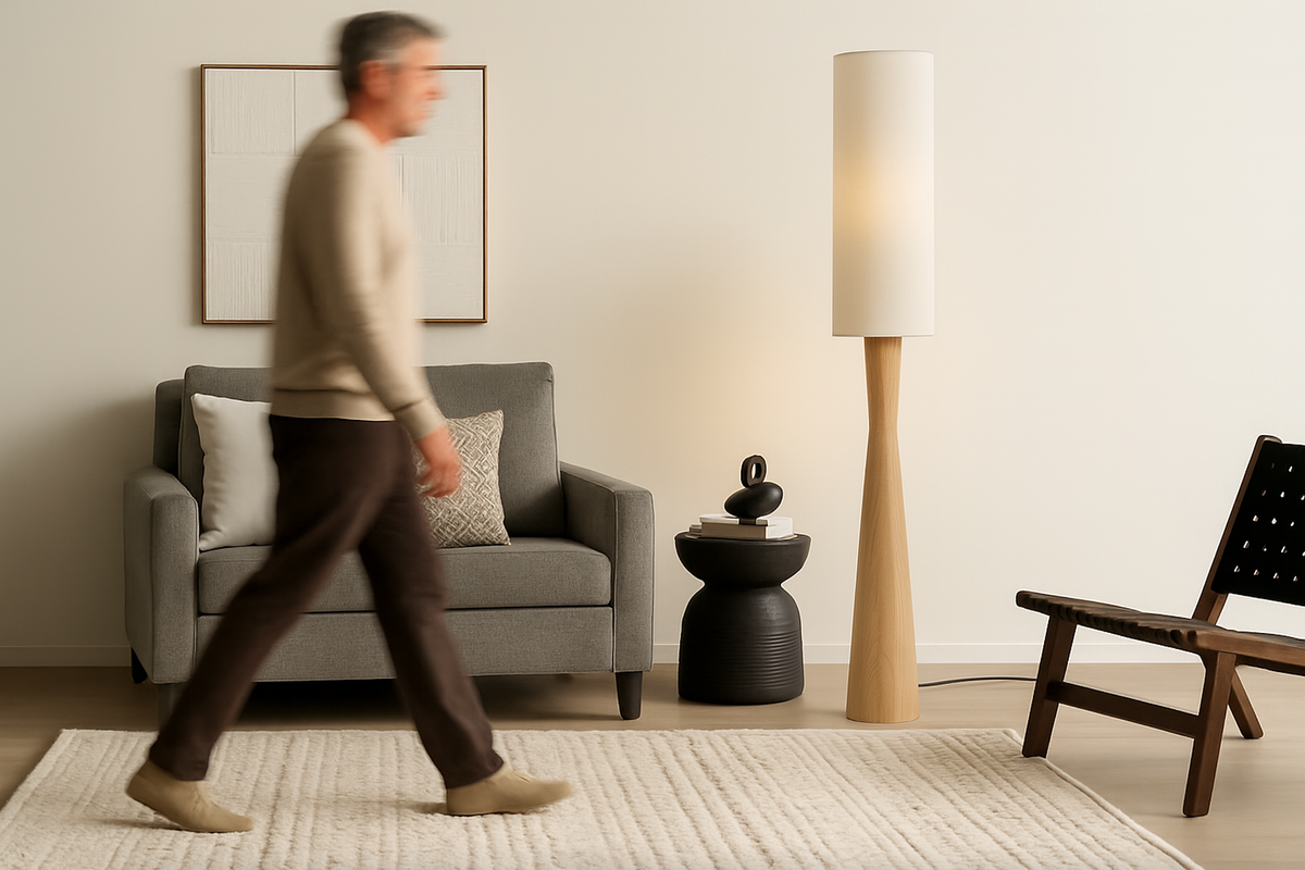 Nogy Japandi Linen Shade Floor Lamp with Wood Grain Base Minimalist Wr