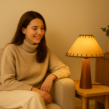 Carregar imagem no visualizador da galeria, Nogy Handcrafted Japandi Table Lamp – Wood + Leather Style Shade, Linen &amp; Natural Parchment Shade
