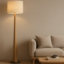 Carregar imagem no visualizador da galeria, Nogy Japandi Tapered Wood-Style Floor Lamp - Minimalist Column Design with Fabric Drum Shade
