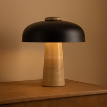 Carregar imagem no visualizador da galeria, Nogy Mushroom Table Lamp – Textured Travertine Base &amp; Matte Black Dome
