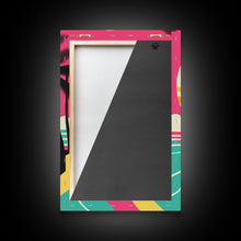 Load image into Gallery viewer, Framed Art Deco Canvas Print - Sunset Beach Scene, Minimalist Palms, Retro Style - Pink and Turquoise Vaporwave Art
