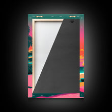 Load image into Gallery viewer, Framed Canvas Print – Art Deco Sunset Beach, Minimalist, Retro, Palm Trees, Synthwave, Vaporwave, Island Vibes, Lounging, Synthwave Deco
