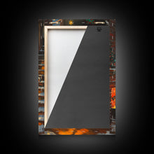 Cargar imagen en el visor de la galería, Children Hanging Stockings By The Fireplace Framed Canvas Print Tall Art With Christmas Tree, Nostalgic Christmas Wall Art Holiday Decor
