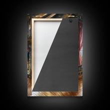 Load image into Gallery viewer, Cozy farmhouse Christmas interior Framed Canvas Print with tree stockings and fireplace, warm holiday art rustic Christmas decor mantle
