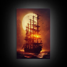 Load image into Gallery viewer, Ghost Ship and Full Moon, Spooky Pirate Ship Art, Framed Canvas Print, Ready To Hang Framed Wall Art, Living Room Wall Hanging
