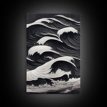 Carregar imagem no visualizador da galeria, Black and White Tidal Waves, Japanese Style Art, Framed Canvas Print, Ready To Hang Framed Wall Art, Living Room Wall Decor
