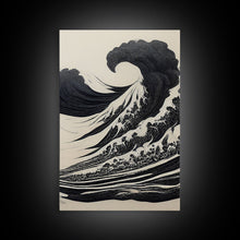Carregar imagem no visualizador da galeria, Black and White Tsunami Waves, Japanese Style Art, Framed Canvas Print, Ready To Hang Framed Wall Art, Living Room Wall Decor

