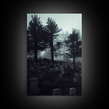 Load image into Gallery viewer, Spooky haunted graveyard at night, art for witches, 3 piece canvas, 3 piece wall art, cemetery art

