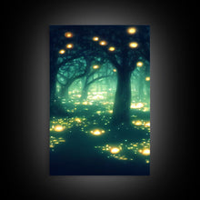 Carregar imagem no visualizador da galeria, Fantasy forest wall decor, ready to hang 3 piece canvas print, 3 piece wall art, firefly wall art, Fireflies In A Fairy Forest at Night
