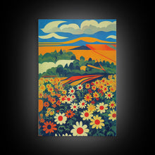 Load image into Gallery viewer, Surrealist field of daisy flowers, daisies, psychedelic art, Framed Canvas Print, Ready To Hang Framed Wall Art
