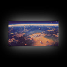 Cargar imagen en el visor de la galería, Bird&#39;s eye view of a futuristic city-planet, cool scifi art, framed canvas print, ready to hang framed wall art

