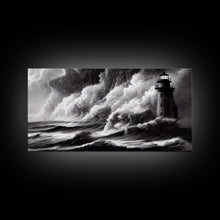 Load image into Gallery viewer, Lighthouse in a storm, black and white, tsunami waves, framed canvas print, ready to hang framed wall art
