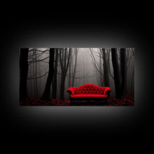 Load image into Gallery viewer, Red Sofa In A Forest Framed Canvas Print, Thought Provoking Art, Framed Art, Creepy Photography, Halloween Art

