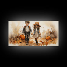 Load image into Gallery viewer, Boy And Girl Holding Hands, Fall Wall Decor, Canvas Print, Wall Hanging, Panoramic Art, Kids Wall Art, Nursery Wall Art, Gifts For Grandma
