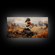Load image into Gallery viewer, Girl Violinist, Fall Wall Decor, Pumpkin Decor, Canvas Print, Wall Hanging, Panoramic Art, Country Home Decor, Violin Wall Art, Gift For Her
