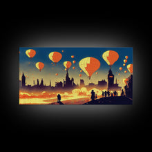 Load image into Gallery viewer, Flight of the balloons, hot air balloon armada, framed canvas print, ready to hang framed wall art
