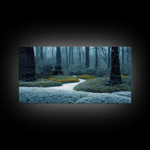 Carregar imagem no visualizador da galeria, Cabin art, snow covered winter forest, winter vacation home art, framed canvas print, ready to hang framed wall art
