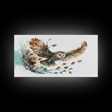 Carregar imagem no visualizador da galeria, Flying owl with trees, leaves, forest double exposure, nature animal, owl illusion art, wrapped framed canvas print, office wall art
