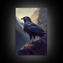 Load image into Gallery viewer, The raven, cool mountain crow art, raven in a forest portrait, fine art poster print
