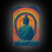 Cargar imagen en el visor de la galería, Colorful rainbow Buddha facing a ring of flowers, framed canvas print, yoga studio art
