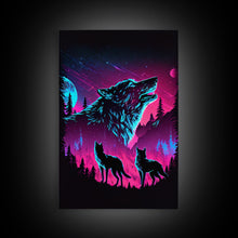 Load image into Gallery viewer, Wolves Howling at the moon, 3 wolf moon, framed canvas print, vaporwave art, Animal art, predator art
