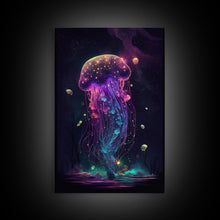 Load image into Gallery viewer, Bioluminescent Cosmic Jellyfish against a Starry night sky, JellyFish Art, Framed Canvas Print, synthwave style art
