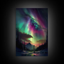 Carregar imagem no visualizador da galeria, Aurora Borealis, Northern Lights Art, framed canvas print, snow capped mountain landscape art
