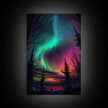 Carregar imagem no visualizador da galeria, Aurora Borealis, Northern Lights Art, framed canvas print, snow capped mountain landscape art
