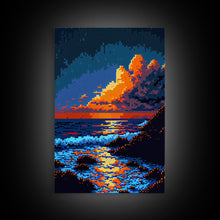 Load image into Gallery viewer, Pixel Art Sunset obscured by clouds, framed canvas print, 8 bit art
