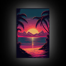 Load image into Gallery viewer, 8 bit pixel art sunset, synthwave style palm tree beach, framed canvas print, framed wall art painting

